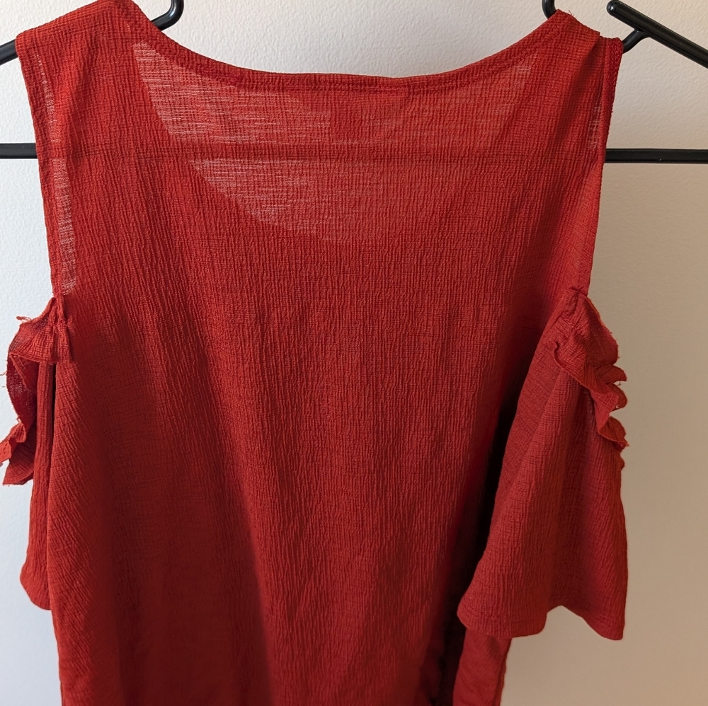 Lauren Conrad cold shoulder sheer blouse. Size medium. Burnt orange color - Picture 8 of 10